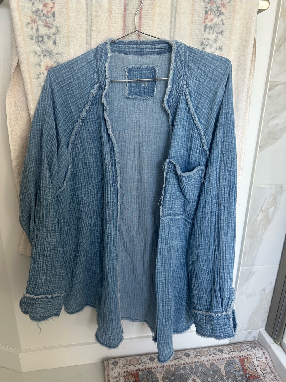Arie Women's Light Blue Washed Denim-Style oversized Open Jacket